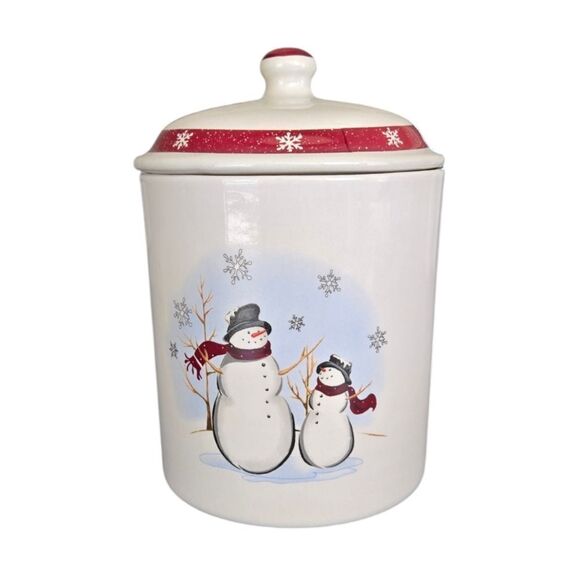 Royal Seasons Holiday Christmas Snowmen Stoneware Canister Cookie Jar Safe - Picture 5 of 6